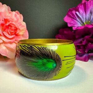 Vintage Peacock Feathers Enamel Brass Wide Bangle Bracelet 1980s Jewelry
